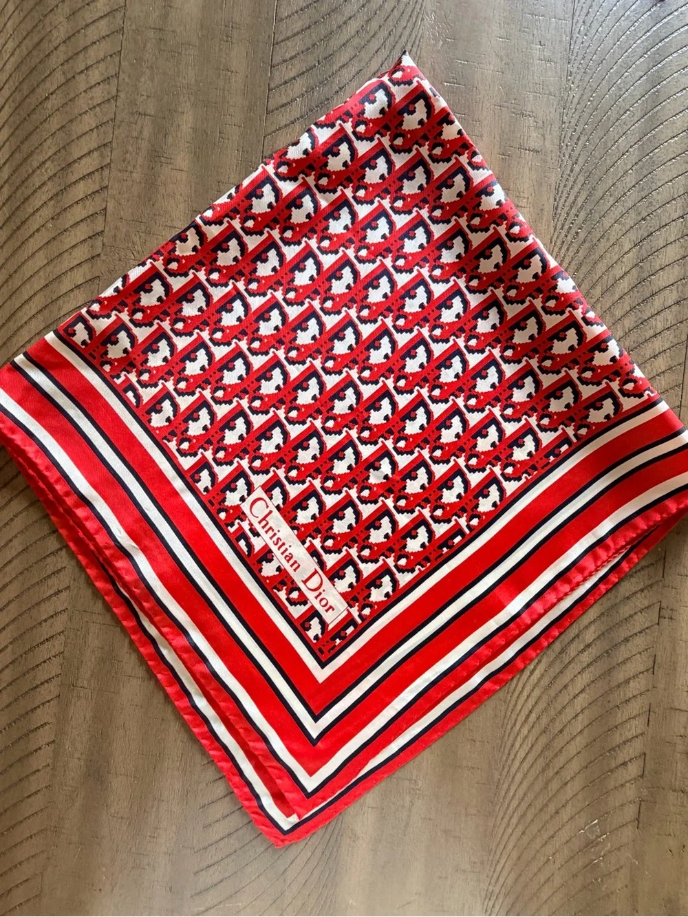 Vintage Christian Dior Silk Scarf Red Navy White Geometric Logo 27” Square